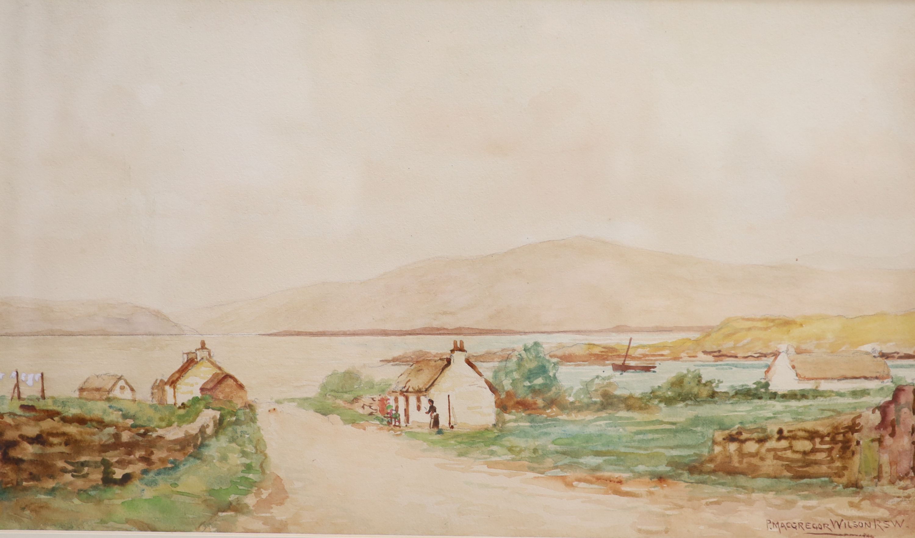 P. MacGregor Wilson, watercolour, Cottages in a landscape, signed, 29 x 50cm